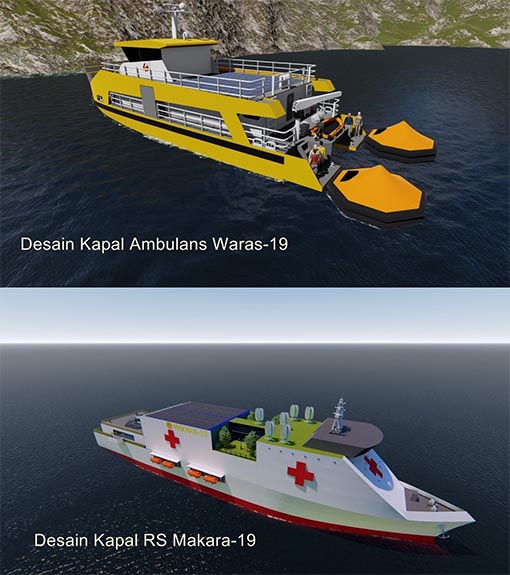 (atas) Desain Kapal Ambulans Waras-19 (bawah) Desain Kapal RS Makara-19